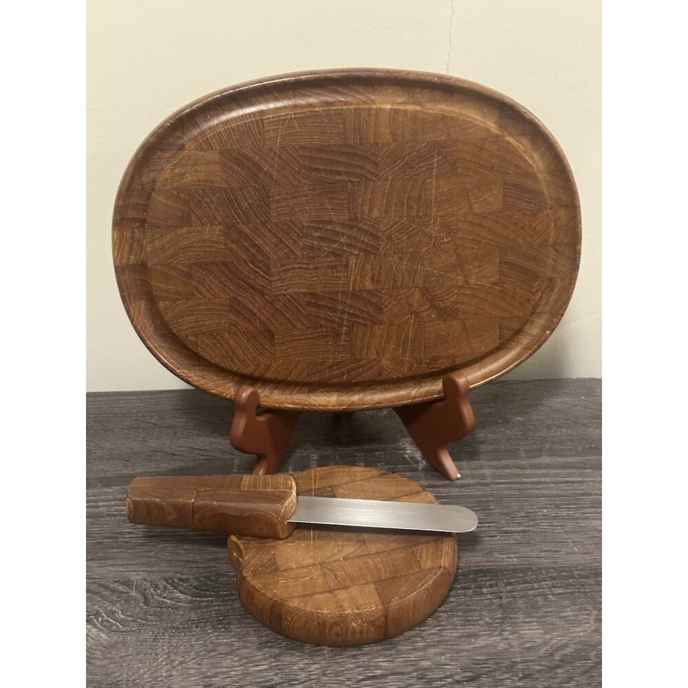 DANSK Design Cheese 2 Cutting Boards & Knife Set Denmark Brown Wooden Vintage
